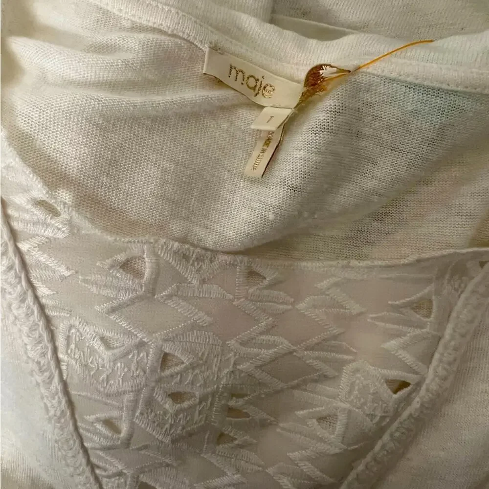 MAJE white t shirt dress-small- Roxitane Embriodered dress- waist tie NWOT